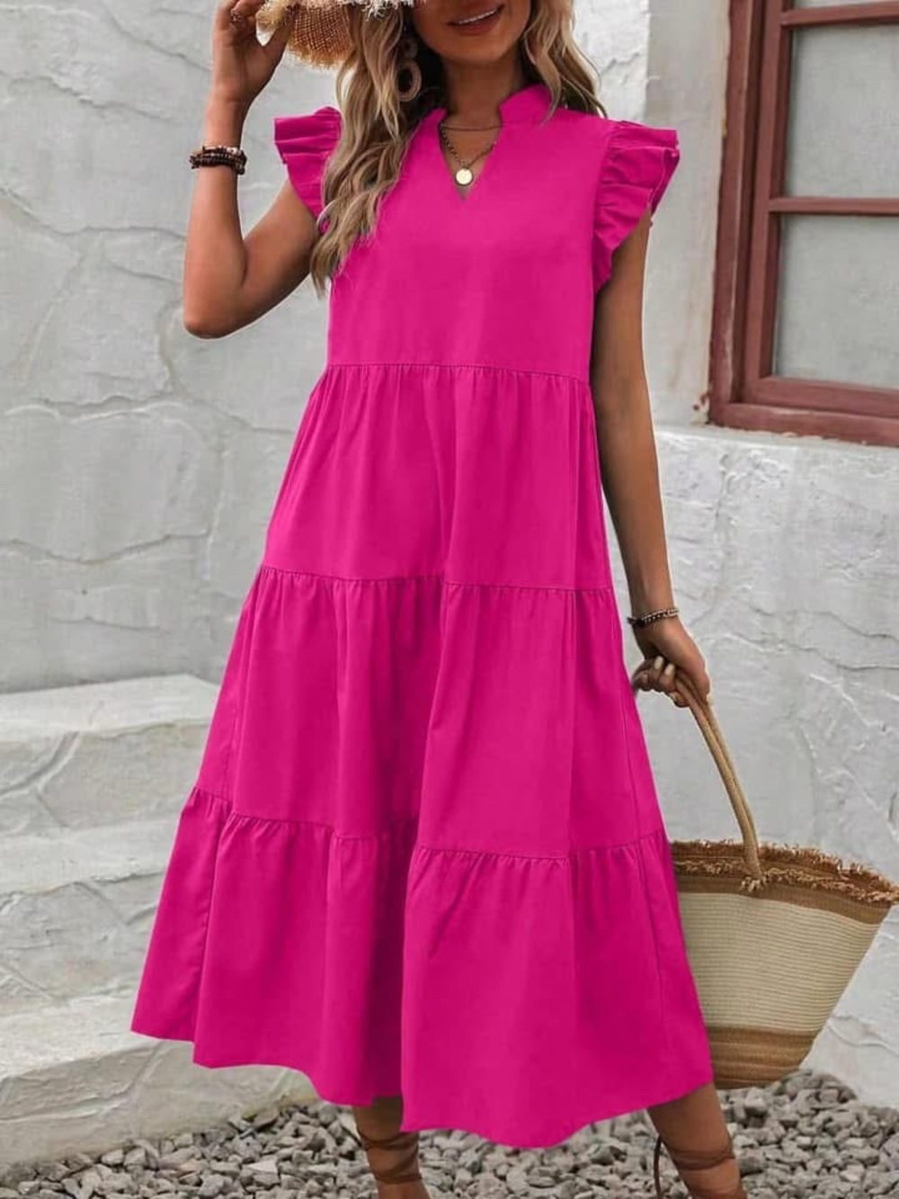 Pink Flutter-Sleeve Tiered Maxi Dress